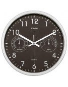 Orologio da parete in metallo satinato con igrometro e termometro.- Diametro cm 26