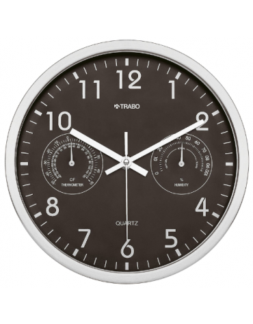 Orologio da parete in metallo satinato con igrometro e termometro.- Diametro cm 26