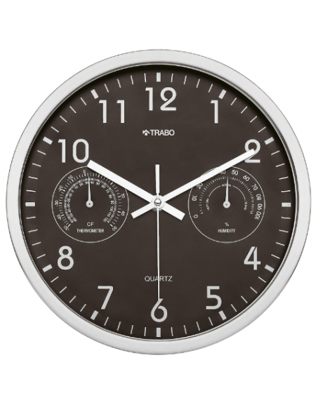 Orologio da parete in metallo satinato con igrometro e termometro.- Diametro cm 26