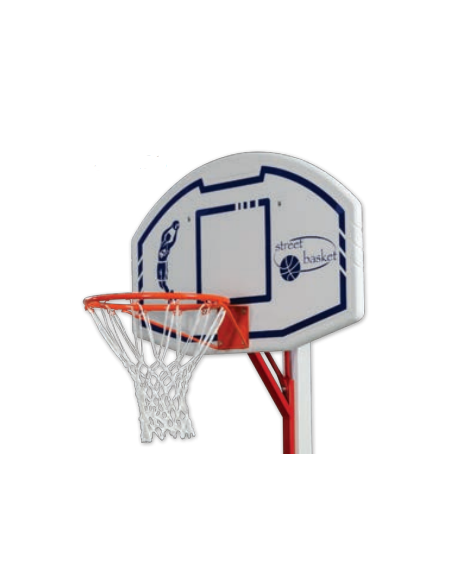 Coppia tabelloni di plastica per gioco basket e minibasket con canestro, su supporto in acciaio