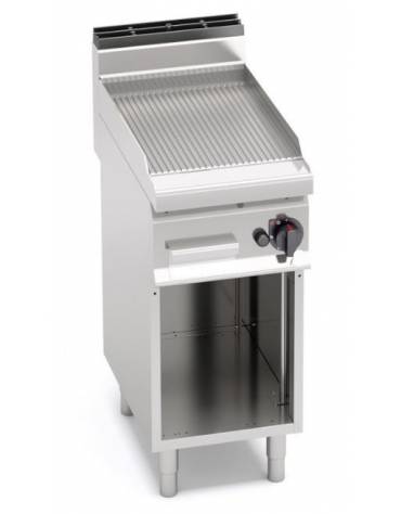 Fry top a gas singolo su mobile aperto- Piastra rigata in acciaio satinato -  cm 40x71,4x90h