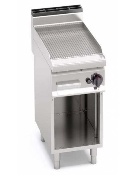 Fry top a gas singolo su mobile aperto- Piastra rigata in acciaio satinato -  cm 40x71,4x90h