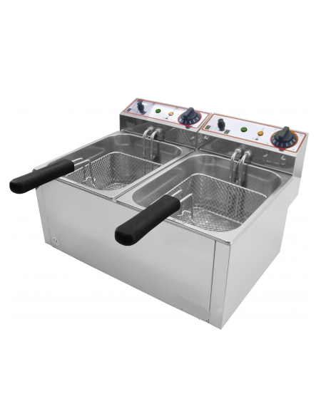 Friggitrice elettrica da banco in acciaio inox - 2 vasche - capacità olio Lt 6+6 - mm 530x410x330h