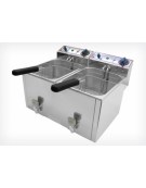 Friggitrice elettrica da banco in acciaio inox - 2 vasche con rubinetto di scarico - capacità olio Lt  8+8 - mm 530x450x360h