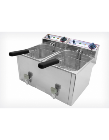 Friggitrice elettrica da banco in acciaio inox - 2 vasche con rubinetto di scarico - capacità olio Lt 10+10 - mm 530x490x360h