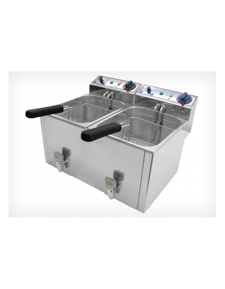 Friggitrice elettrica da banco in acciaio inox - 2 vasche con rubinetto di scarico - capacità olio Lt 10+10 - mm 530x490x360h