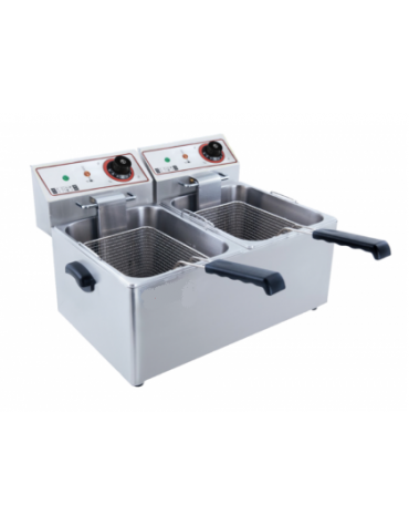 Friggitrice elettrica da banco in acciaio inox - linea economica - 2 vasche estraibili 6+6 Lt. - mm 535x410x300h