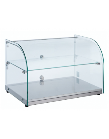 Vetrina neutra con basamento in acciaio inox e 1 ripiano vetro - corpo in vetro curvo - capacità 45 Lt - mm 554x376x370h