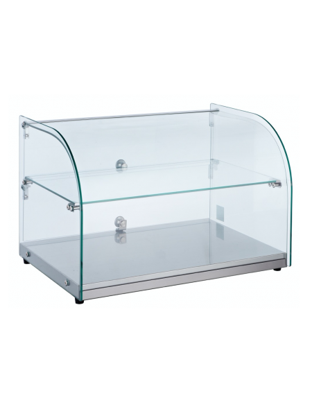 Vetrina neutra con basamento in acciaio inox e 1 ripiano vetro - corpo in vetro curvo - capacità 45 Lt - mm 554x376x370h