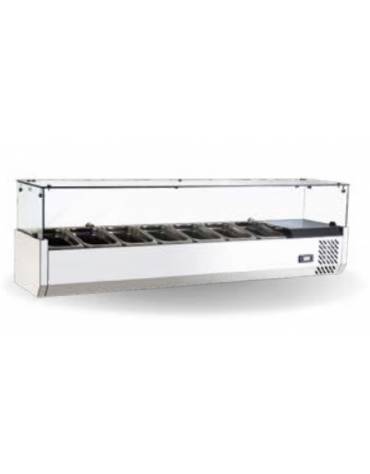 Vetrina refrigerata in acciaio inox con vetri per banco pizzeria - predisposta per 7 bacinelle GN 1/4 - mm 1500x335x426h