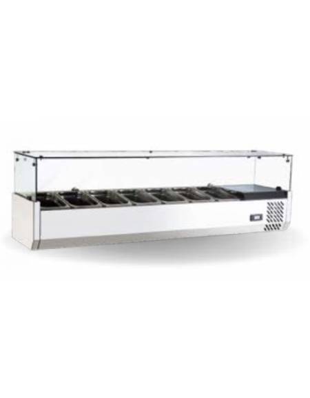 Vetrina refrigerata in acciaio inox con vetri per banco pizzeria - predisposta per 6 bacinelle GN 1/3 - mm 1500x395x426h