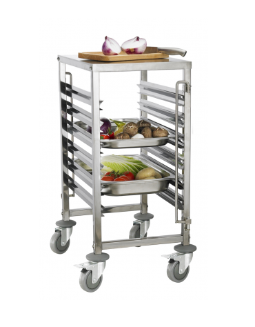 Carrello portavassoi in acciaio inox - 6 ripiani per vassoi GN - con piano lavoro - mm 380x550x950h