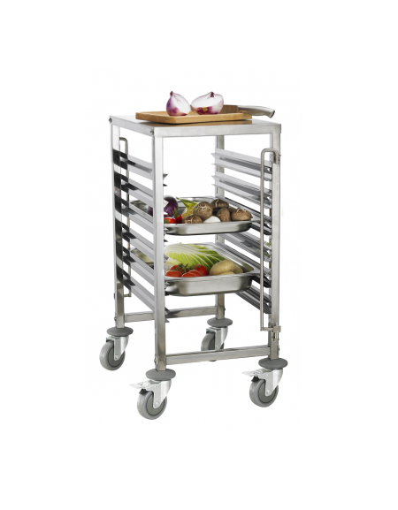 Carrello portavassoi in acciaio inox - 6 ripiani per vassoi GN - con piano lavoro - mm 380x550x950h