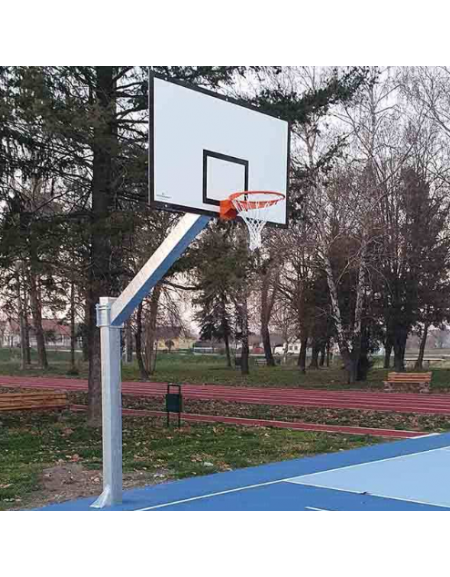 Impianto basket monotubolare in acciaio zincato, tabelloni in legno, sbalzo cm.165.