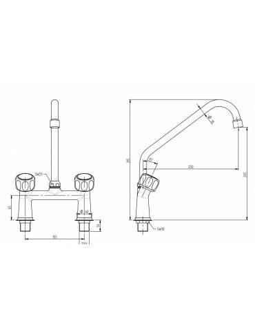 RUBINETTO BIFORO CON CANNA GIREVOLE "C" Ø18X250, MANIGLIA ROTONDA. INTERASSE 155mm - LUNGHEZZA CANNA MM 250