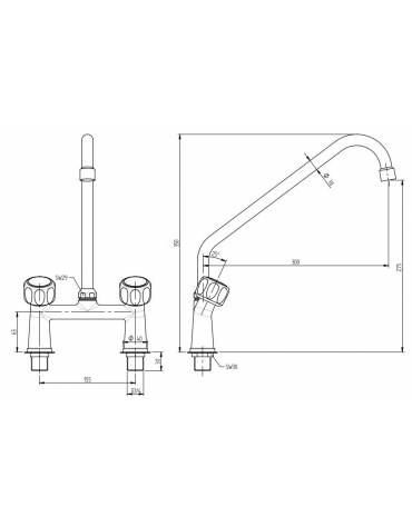 RUBINETTO BIFORO CON CANNA GIREVOLE "C" Ø18X300, MANIGLIA ROTONDA. INTERASSE 155mm - LUNGHEZZA CANNA MM 300