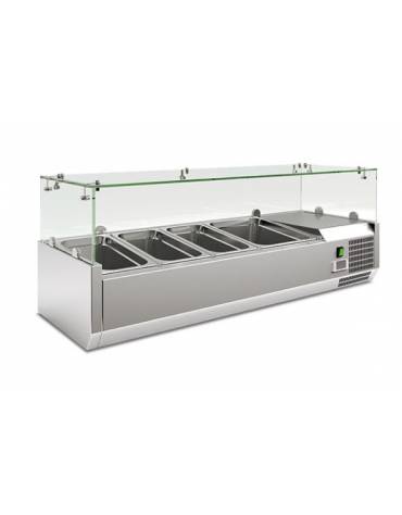 Vetrina refrigerata statica per pizzeria in acciaio inox e castelletto vetri - 3 bacinelle GN1/3 + 1 GN1/2 -  cm 120x39,5x43,5h