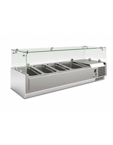 Vetrina refrigerata statica per pizzeria in acciaio inox e castelletto vetri - 3 bacinelle GN1/3 + 1 GN1/2 -  cm 120x39,5x43,5h
