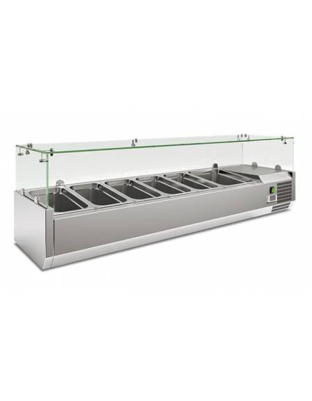 Vetrina refrigerata statica per pizzeria in acciaio inox e castelletto vetri - 5 bacinelle GN1/3 + 1 GN1/2 - Cm 150x39,5x43,5h