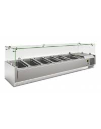 Vetrina refrigerata statica per pizzeria in acciaio inox e castelletto vetri - 5 bacinelle GN1/3 + 1 GN1/2 - Cm 150x39,5x43,5h
