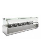 Vetrina refrigerata statica per pizzeria in acciaio inox e castelletto vetri - 4 bacinelle GN1/3 + 1 GN1/2 - Cm 140x39,5x43,5h