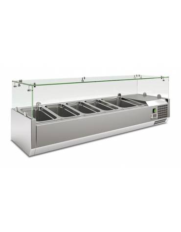 Vetrina refrigerata statica per pizzeria in acciaio inox e castelletto vetri - 4 bacinelle GN1/3 + 1 GN1/2 - Cm 140x39,5x43,5h