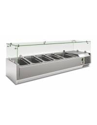 Vetrina refrigerata statica per pizzeria in acciaio inox e castelletto vetri - 4 bacinelle GN1/3 + 1 GN1/2 - Cm 140x39,5x43,5h