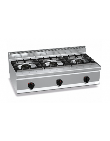 Cucina a gas 3 fuochi in linea da banco - N° 2 Fuochi da 12 Kw + N° 1 Fuoco da 7 Kw - cm 120x60x29h