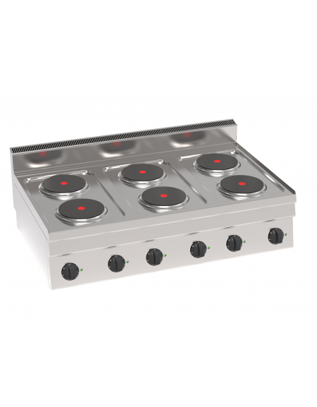 Cucina elettrica da banco in acciaio Inox, 6 piastre ermetiche tonde Ø cm 18 - potenza tot Kw 12 trifase - cm 105x65x28h