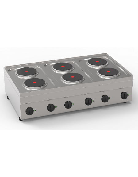 Cucina elettrica da banco in acciaio Inox, 6 piastre ermetiche tonde Ø cm 18 - potenza Kw 12 trifase - cm 105x60x30h