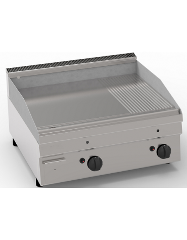 Fry-Top a gas da banco, 2 zone cottura - piastra 1/3 rigata + 2/3 liscia, cm 69,6x52 - potenza gas Kw 8 - cm 70x60x30h
