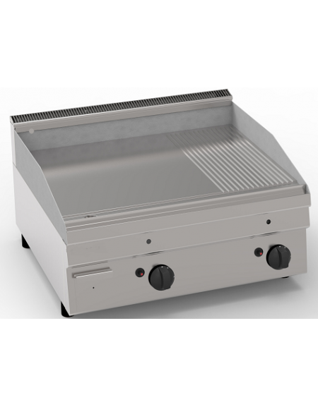 Fry-Top a gas da banco, 2 zone cottura - piastra 1/3 rigata + 2/3 liscia, cm 69,6x52 - potenza gas Kw 8 - cm 70x60x30h