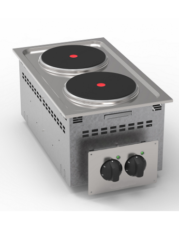 Cucina elettrica da incasso in acciaio Inox, 2 piastre ermetiche tonde Ø cm 22 - potenza tot Kw 5,2 trifase - cm 35x60x26,6h