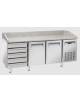Tavolo pizza refrigerato con piano in granito. 2 sportelli e cassettiera a 5 comparti neutri - temp. +2°/+8°C - cm 202,5x80x104h