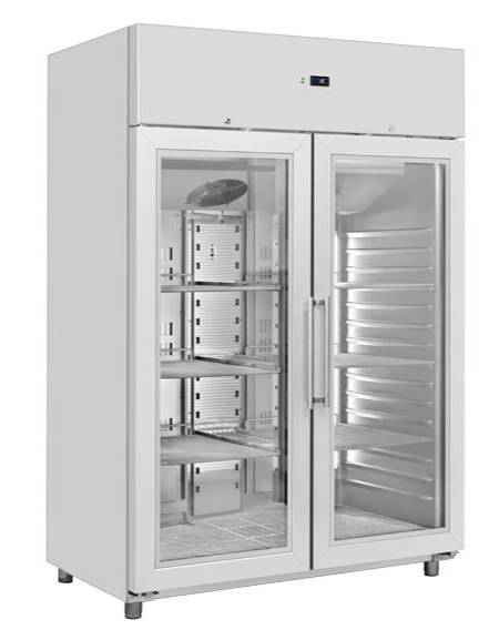 Armadio refrigerato GN 2/1 inox con 2 porte a vetri, refrigerazione ventilata - temp. +3/+10°C - classe C - cm 140x89,1x204,5h