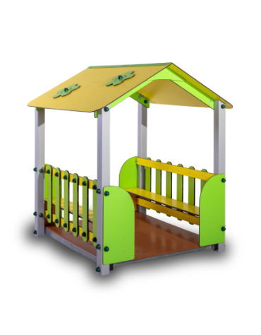 Casetta per bambini con struttura alluminio, 2 falde e 2 panche laterali in bilaminato HPL - cm 130x130x155h