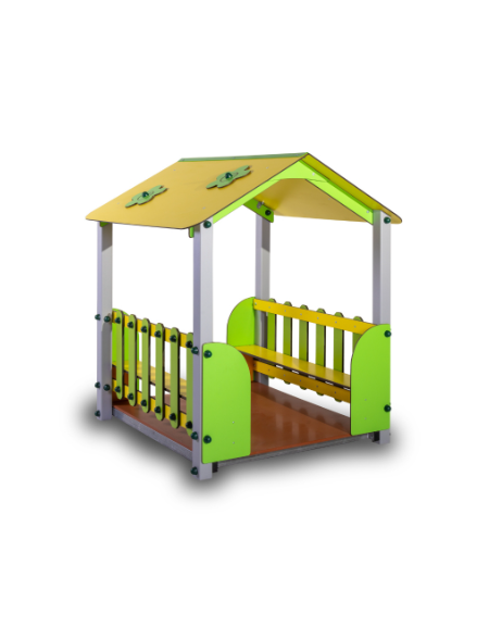 Casetta per bambini con struttura alluminio, 2 falde e 2 panche laterali in bilaminato HPL - cm 130x130x155h