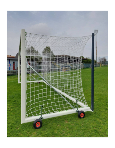 Porta calcio cm 732x244. mobile, in alluminio, con sistema di tensionamento rete con pali posteriori verticali