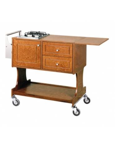 Carrello flambè in legno colore noce, una piastra a due fuochi - cm 107/145x 58x91 h