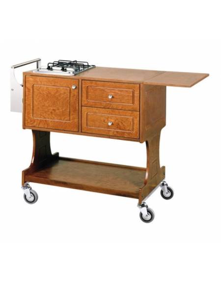 Carrello flambè in legno colore noce, una piastra a due fuochi - cm 107/145x 58x91 h