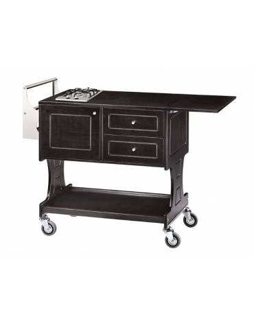 Carrello flambè in legno colore carbon, una piastra a due fuochi - cm 107/145x 58x91 h
