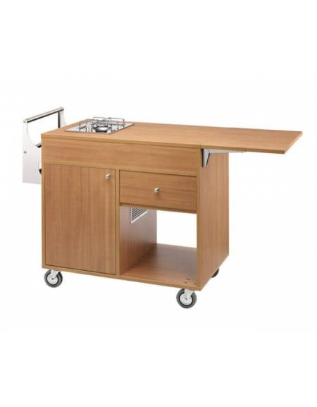 Carrello flambè ad un fuoco -Colore Noce -Piano di servizio ribaltabile - Un cassetto ed un vano porta bombola da kg 3