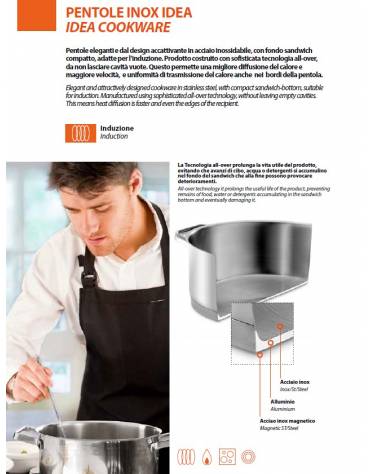 Pentola inox con coperchio, fondo sandwich a 3 strati acciaio-alluminio - Diametro mm 280 - Altezza mm 240 - Capacita lt 14,5