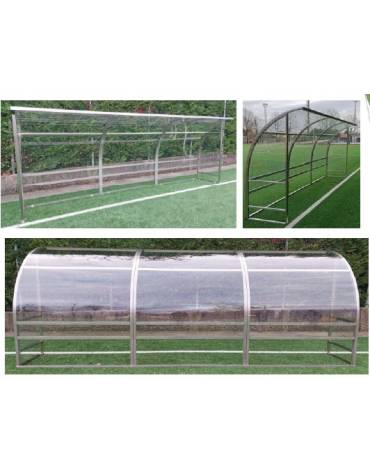 Panchina mod. Standard 5 mt/l in acciaio inox AISI 304, copertura policarbonato trasparente - 10 posti  in PP blu