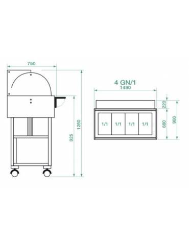 Carrello refrigerato freddo +2°+10°C in legno colore noce - Capacità N° 3 bacinelle GN 1/1 -  cm 111x90x126h