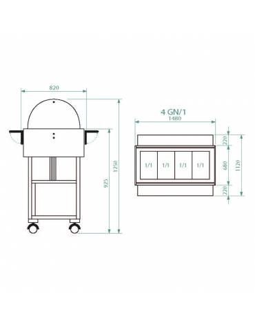 Carrello refrigerato in legno con cupola - Temperatura -5° / +5°C - Colore Wengè - 4xGN1/1 - cm 148x112x125h