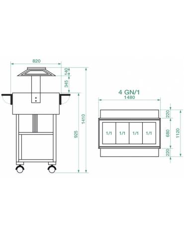 Carrello refrigerato in legno - 4 x GN 1/1 - temp. +2°C +10°C - Colore Noce - cm.148x112x141h