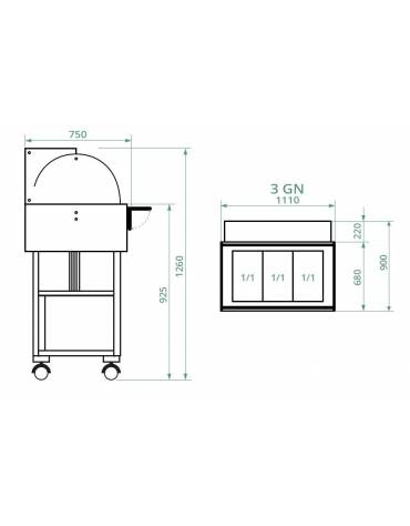 Carrello caldo bagnomaria in legno, con cupola e 1 mensola - Temp. +30 / +90°C - 3xGN1/1 - colore Wengè o Noce - cm 111x112x126h