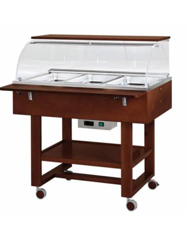 Carrello caldo bagnomaria in legno, con cupola e 1 mensola - Temp. +30 / +90°C - 3xGN1/1 - colore Wengè- cm 111x90x126h