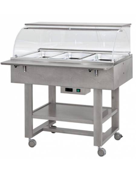 Carrello caldo bagnomaria in legno, con cupola e 1 mensola - Temp. +30 / +90°C - 3xGN1/1 - colore Cenere - cm 111x90x126h